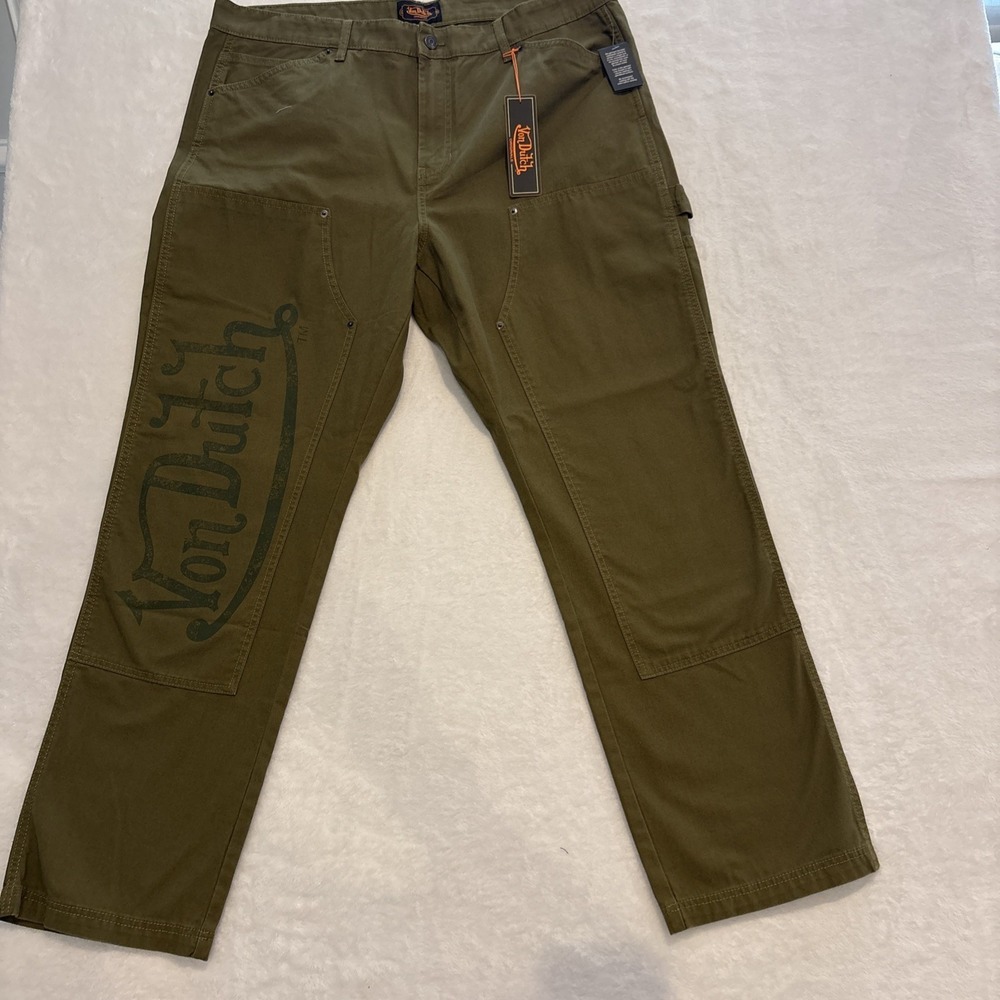 Von Dutch Originals Mens Carpenter Pants Olive Green Canvas Logo Double Knee 40